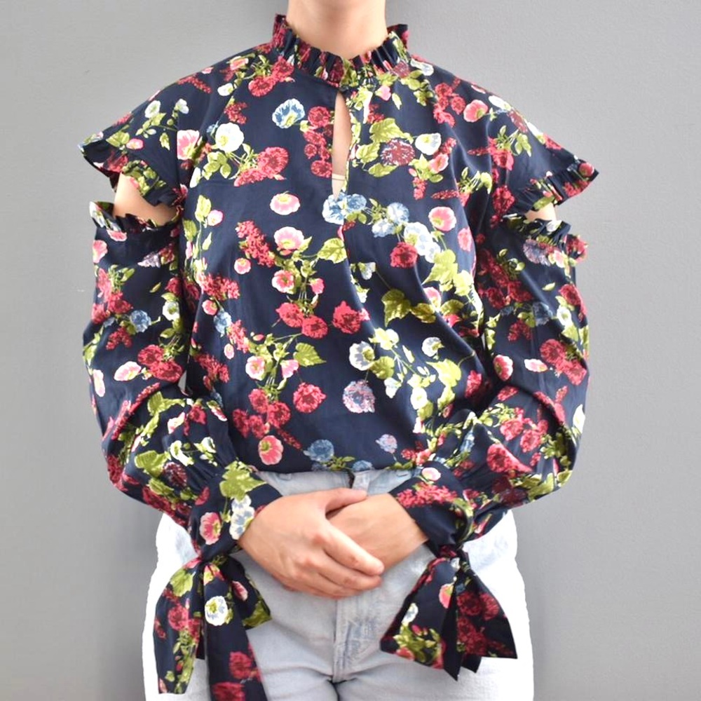 NWT Walter Baker Vanessa Dark Blue Floral Ruffled Business Casual Blouse